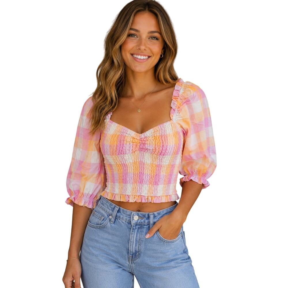Charlie holiday sz 4 linen blend pink plaid smocked puff sleeve cropped summer